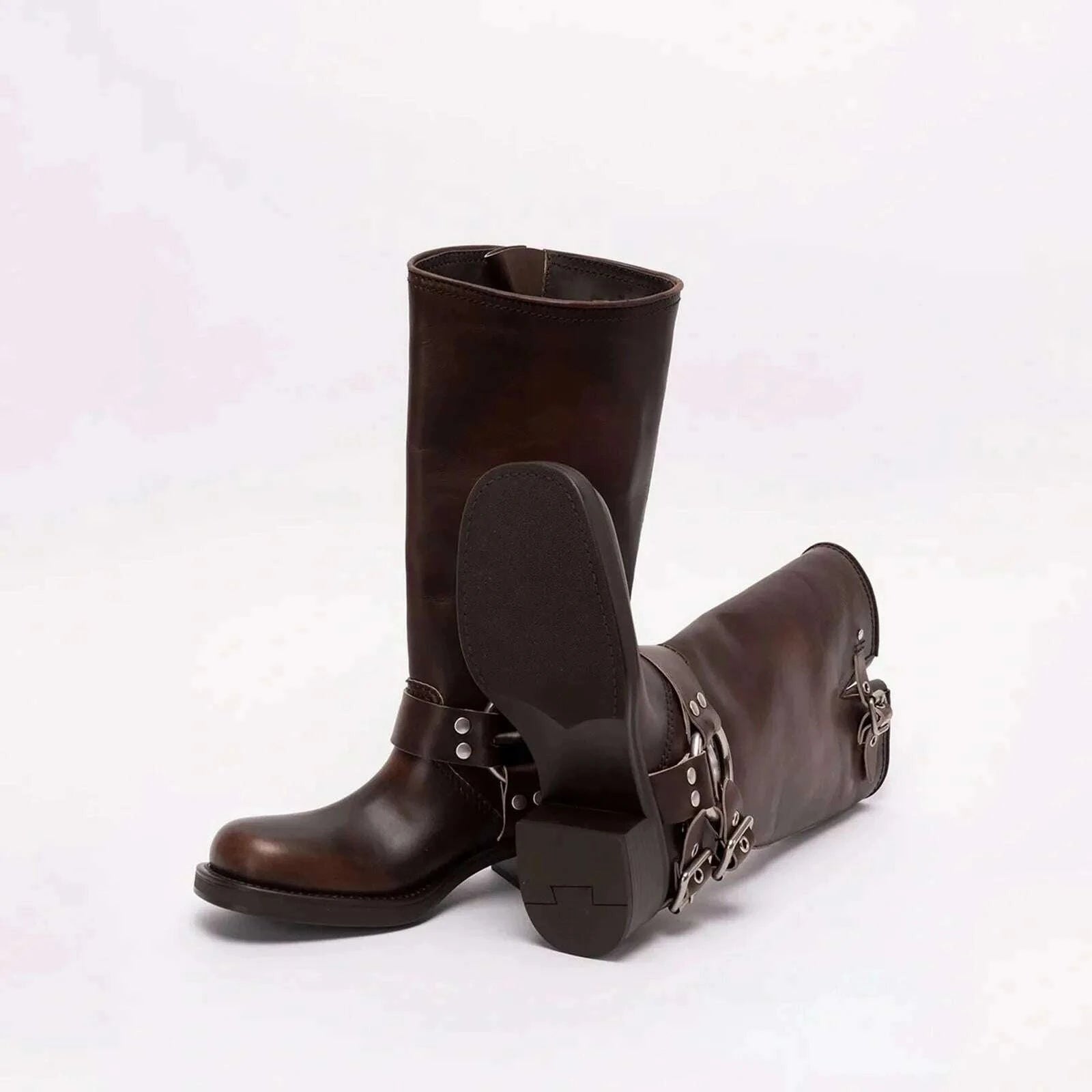 KIMLUD, Arden Furtado 2025Autumn Brown Platform Motorcycle boots Round toe Belt buckle Slip-on Middle heel Knee high boots Western boots, KIMLUD Womens Clothes