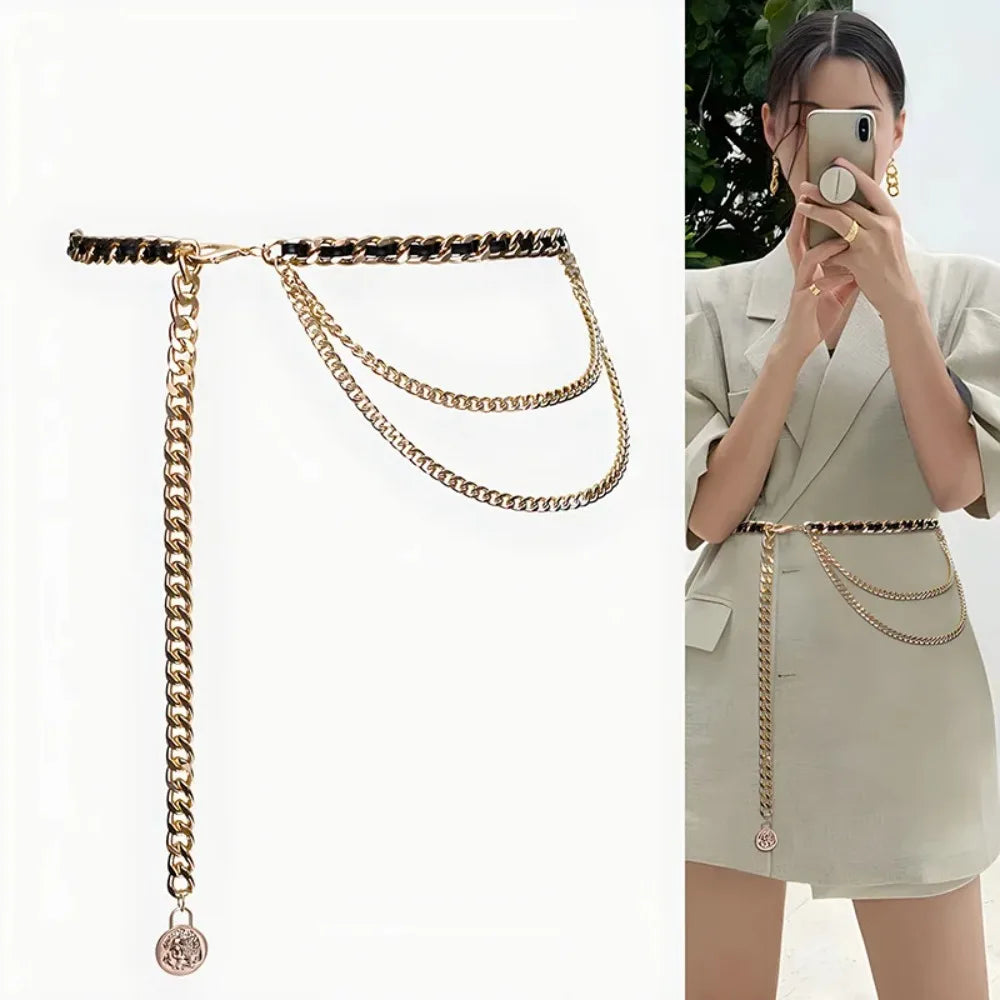 Metal Waist Chain Belt With Adjustable Chain Strap — Gold | KIMLUD