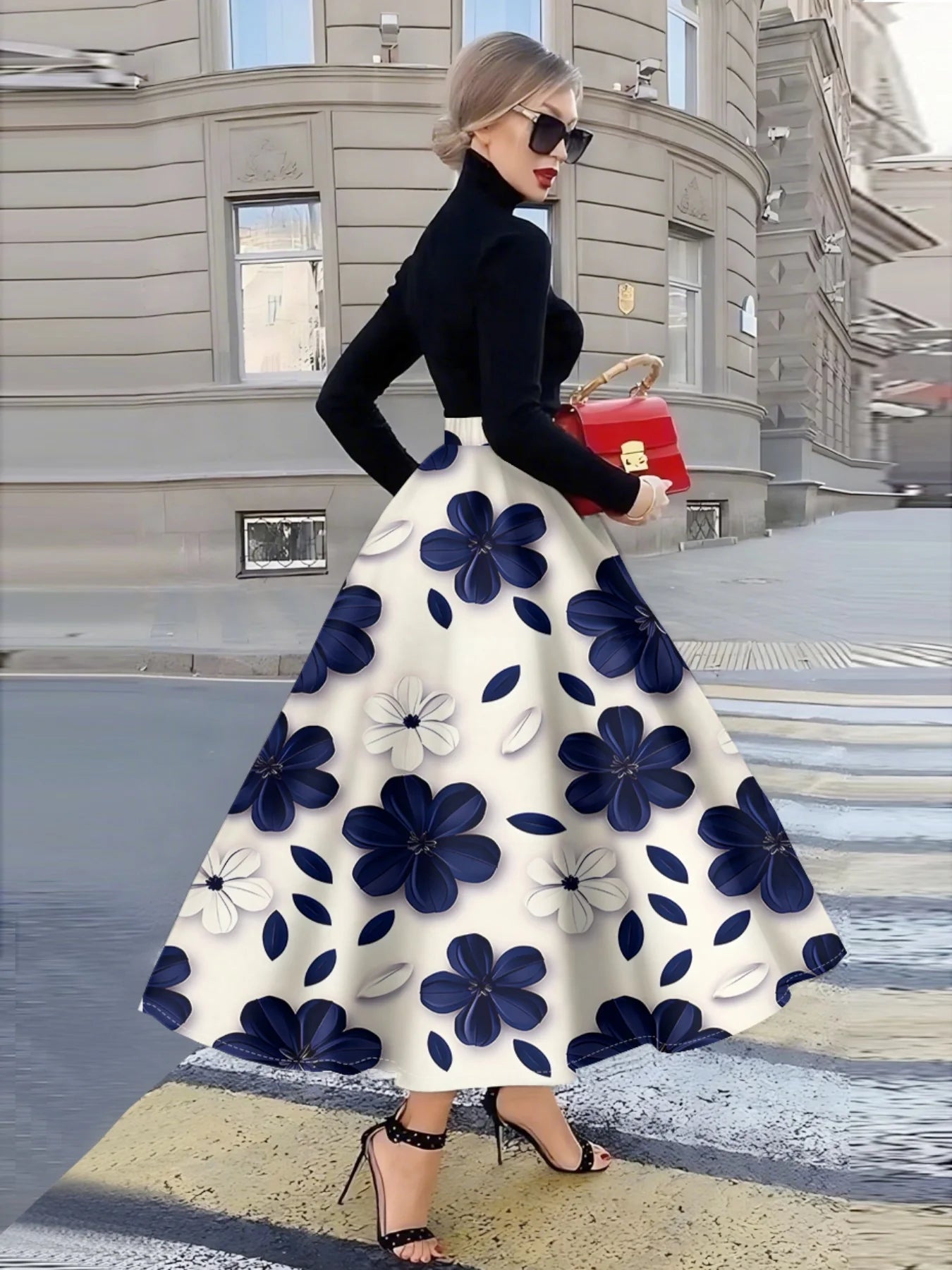 Skirt – Floral Print – Polyester – Ankle Length – Blue White | KIMLUD