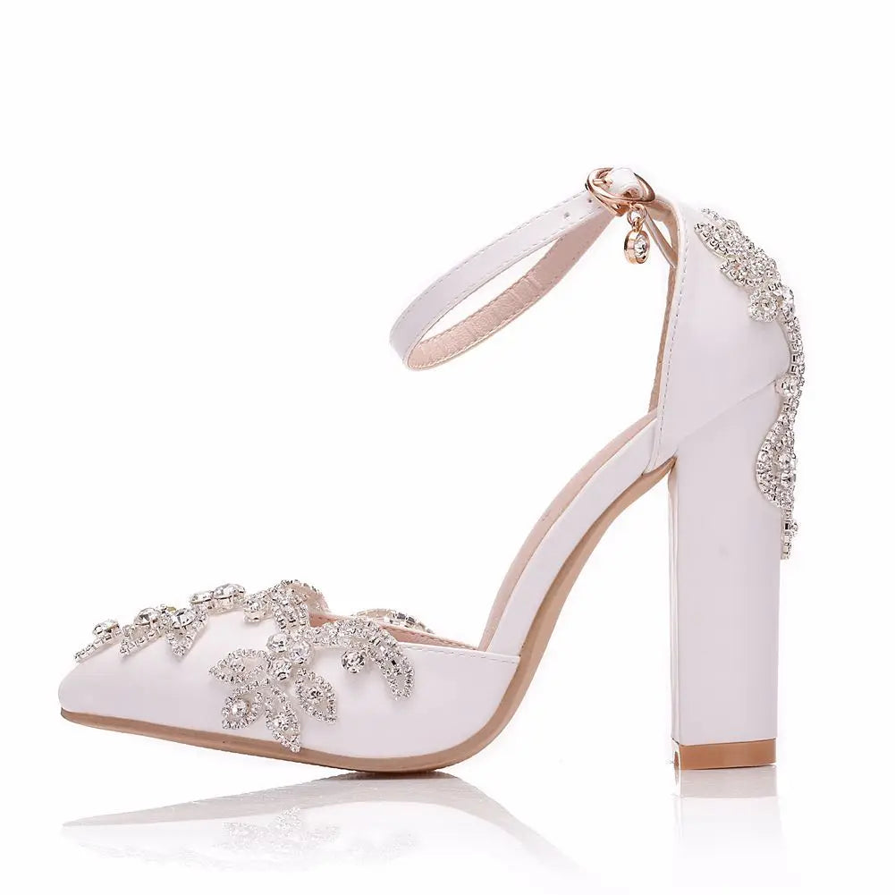 PU Sandals Rhinestone Flower Embellished Square Heel — White | KIMLUD