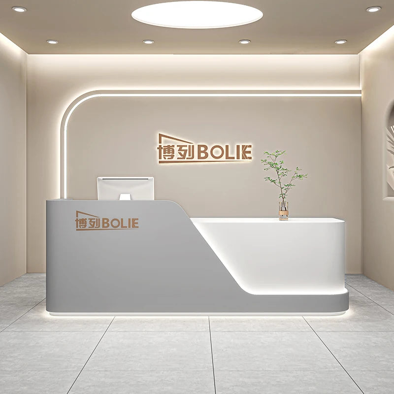 Curved Wood Reception Desk With LED Lights — White | KIMLUD