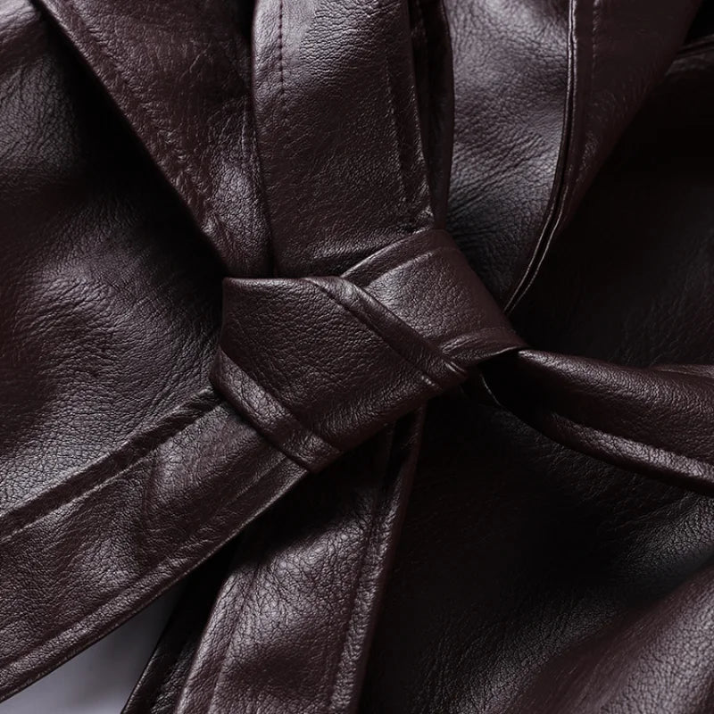 Vintage Pu Leather Belted Jackets Women's Slim Full Sleeve Lapel Short Overcoat 2025 New Autumn Winter Ladies Solid Streetwear