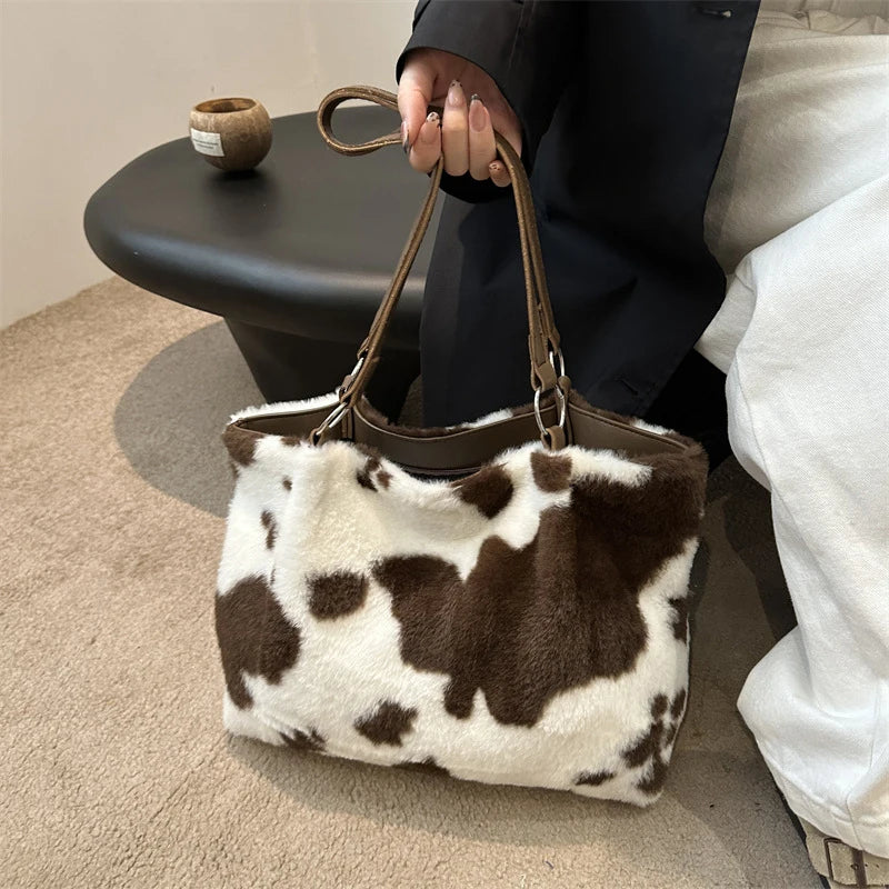 KIMLUD, Large Capacity Shopper Bags For Women Winter Travel Tote Bag Cow Printing Plush Shoulder Bag Ladies Handbag Designer Bolsos, KIMLUD Womens Clothes