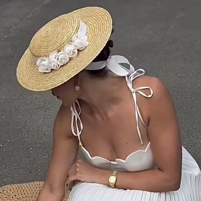 Elegant Straw Sun Hat With Ribbon — Natural | KIMLUD