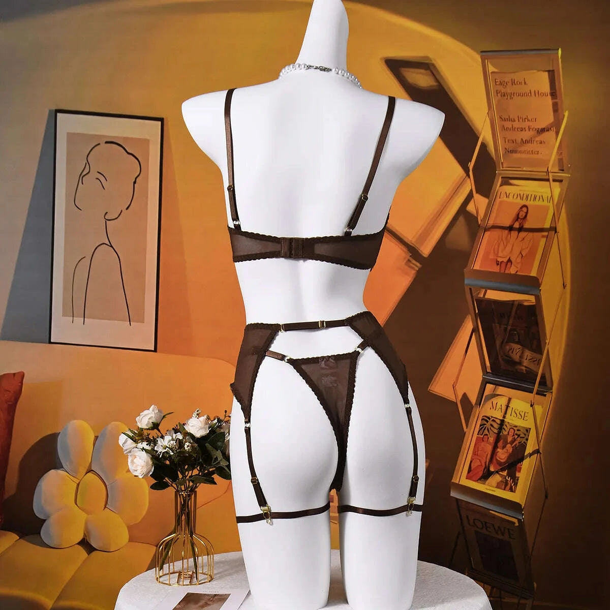 KIMLUD, Ellolace Elegant Lingeries Sexy Hot Exclusive Coffee Bra Belt Thong 3PC with Leg Circles Cute Intimate Lace Tempted Tipsy Set, KIMLUD Womens Clothes