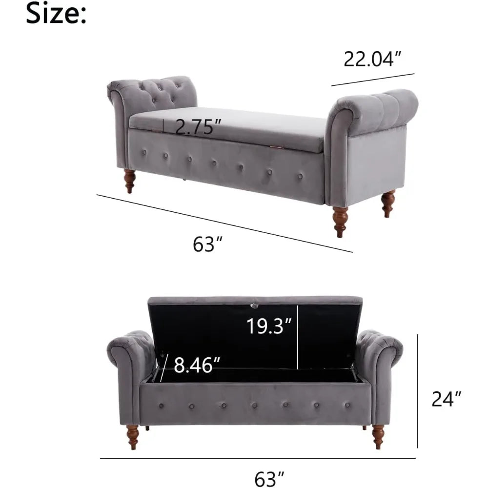 Velvet Storage Bench with Button for Entryway, Living Room63'' Storage Ottoman Bench for Bedroom, End of Bed Bench with Arms