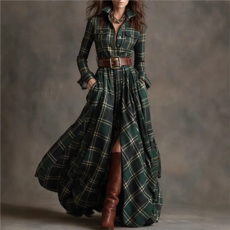 Retro Women's Shirt Maxi Dress Autumn Casual Long Sleeve Button Pocket Plaid Print Lapel Retro Long Dresses For Womem Vestidos