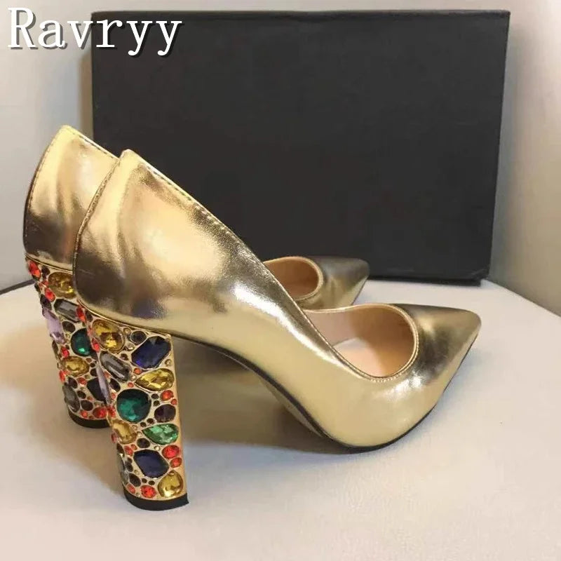 Metallic Gold Rhinestone Pumps With Crystals — Gold | KIMLUD