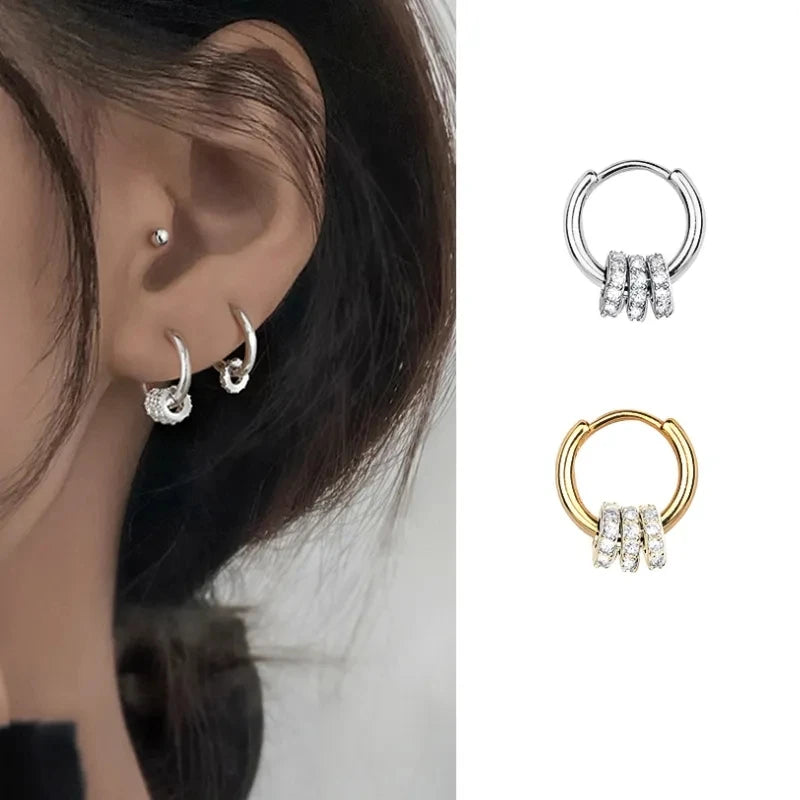 Sterling Silver Hoop Earrings Dainty Zircon Inlaid Round Circle — Silver | KIMLUD