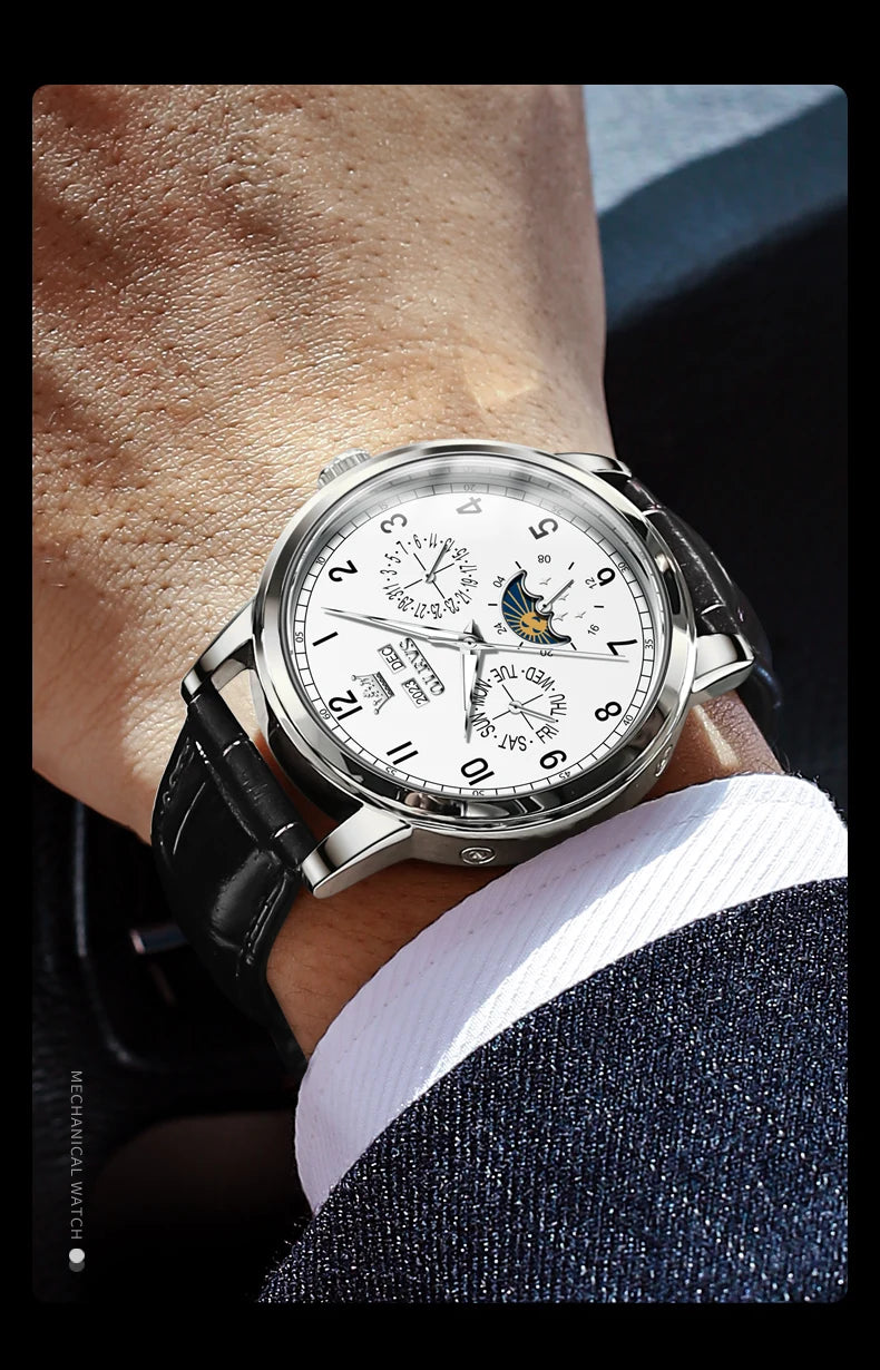 Leather Dress Watch Moon Phase Automatic — Black | KIMLUD