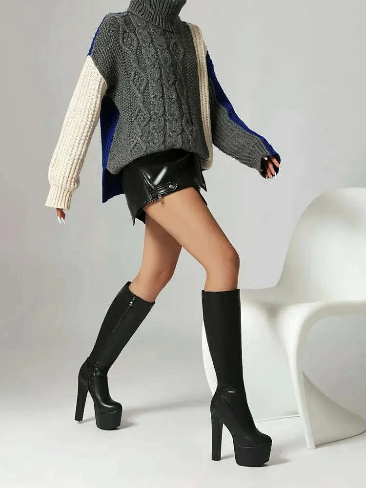 KIMLUD, Black Red White Women Knee High Boots Platform Thick High Heel Ladies Calf Boots PU Leather Square Toe Side Zipper Dress Shoes, KIMLUD Womens Clothes