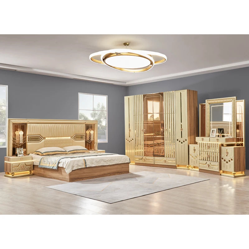 Design King Size Double Leather Bed Suite Master Room Full Set Luxury Wooden 5 Piece Home Furniture Bedroom Sets