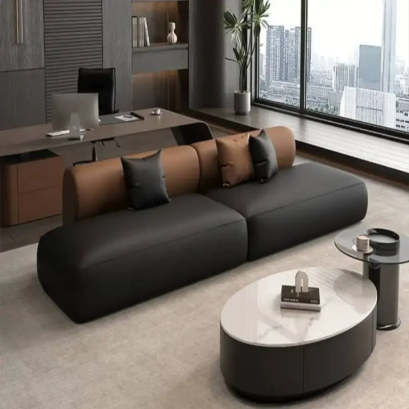 Leather Solid Curved Nordic Sofas — Black | KIMLUD
