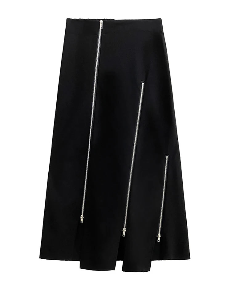 Skirt – High Elastic Waist Zipper A-Line Split – Jersey – Black | KIMLUD