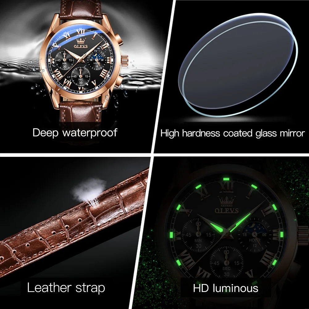 Rose-Gold Chronograph Moon Phase Watch Leather Strap — Black | KIMLUD