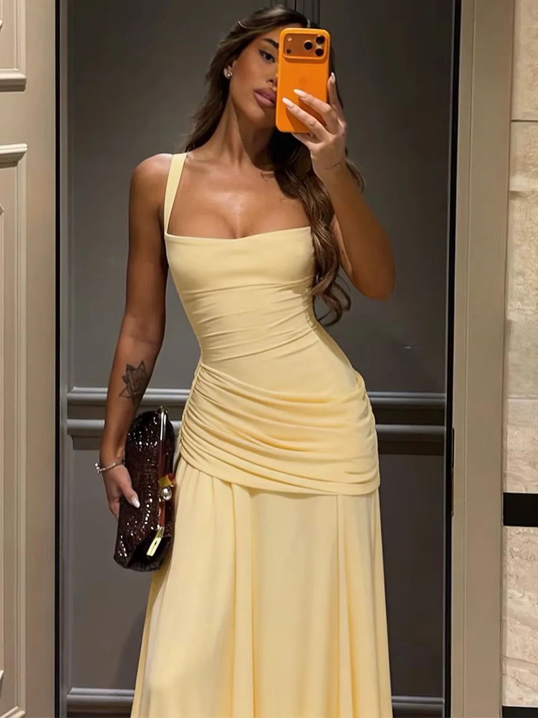 Evening Dress - Spaghetti Strap - A-Line Silhouette - Yellow | KIMLUD
