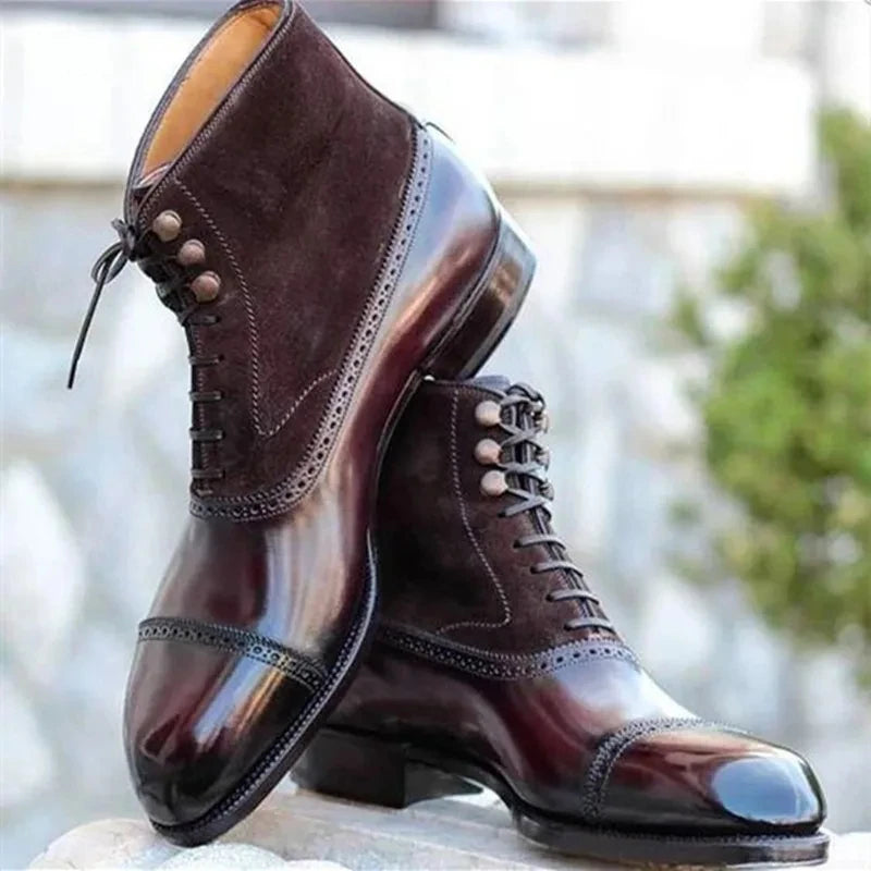 Large size:38-46 Men Short Boots Brown Bullock Flock Lace-up Square Toe Handmade Business Ankle Shoes for Men