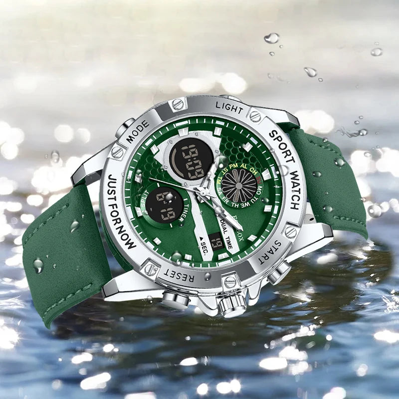 LIGE FOXBOX Fashion Electronic Watches for Men Leather Military Casual Sports Waterproof Dual Digital Display Quartz Chronograph
