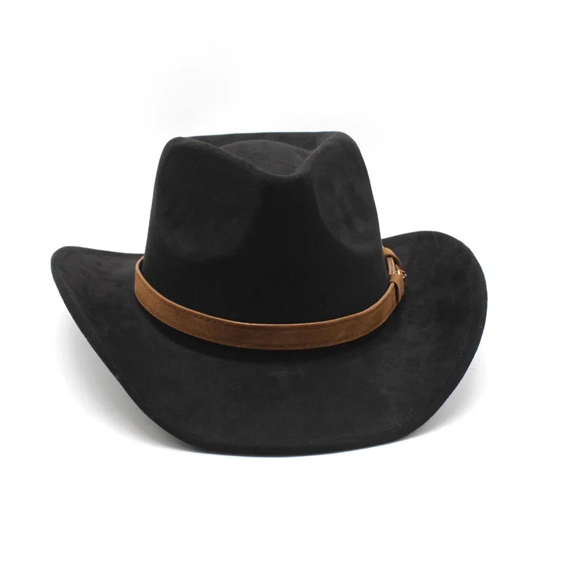 Felt Cowgirl Hat With Belt And Wide Soft Brim — Black | KIMLUD