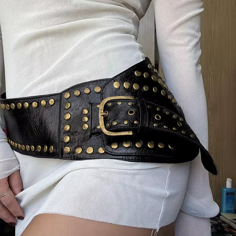 Designer belt Vintage Punk Studded Belt Chain Y2K Metal Pu Western Cowboy Wide Waistband Waist Belts Sexy Hiphop Men Skeleton B