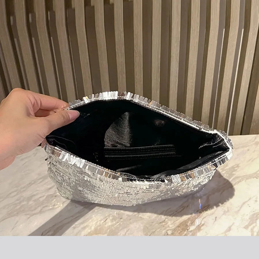 Sequin Embellished Envelope Clutch Bag — Black | KIMLUD