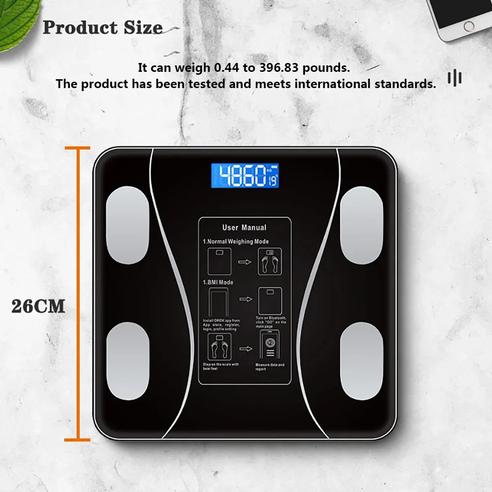 Toughened Glass Body Fat Scale Smart Bluetooth — Obsidian Black | KIMLUD