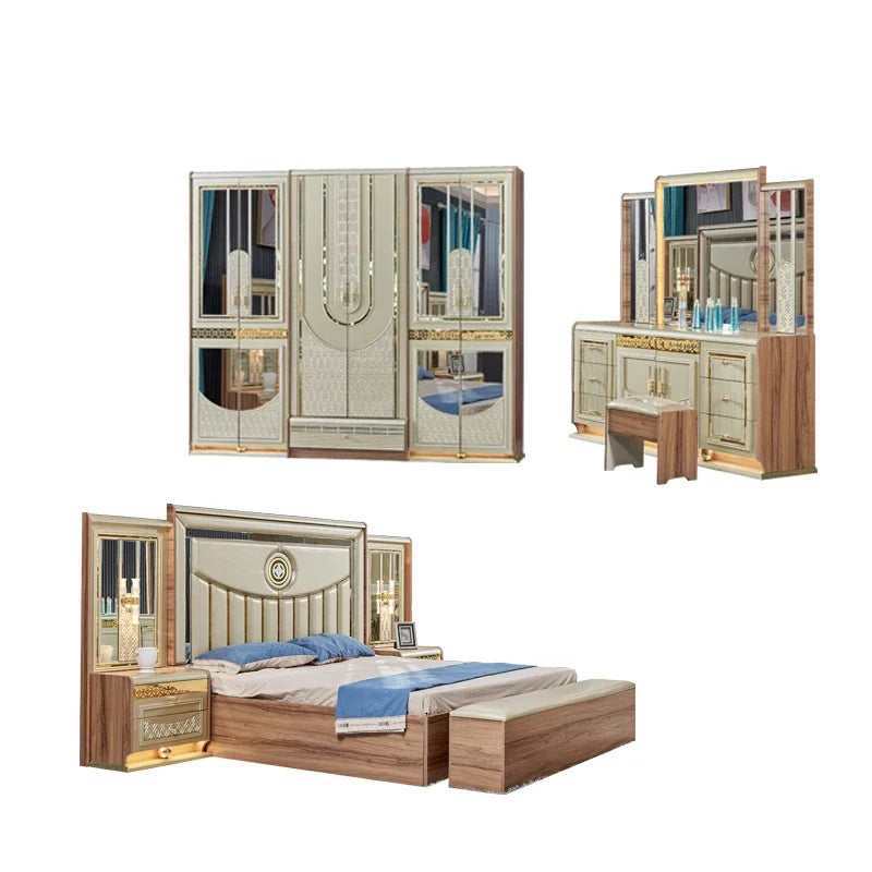 Gold Wood Double Leather King Size Bed Meuble De Chambre a Coucher Complet Wooden Modern Home Full Bedroom Furniture Set