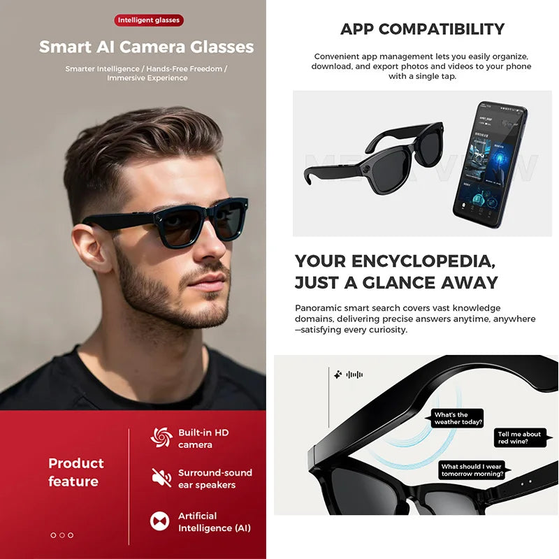 AI Smart Glasses Built-in Camera Photography Video Recording Voice Translation 250mAh Waterproof Music Bluetooth Smart Glasses