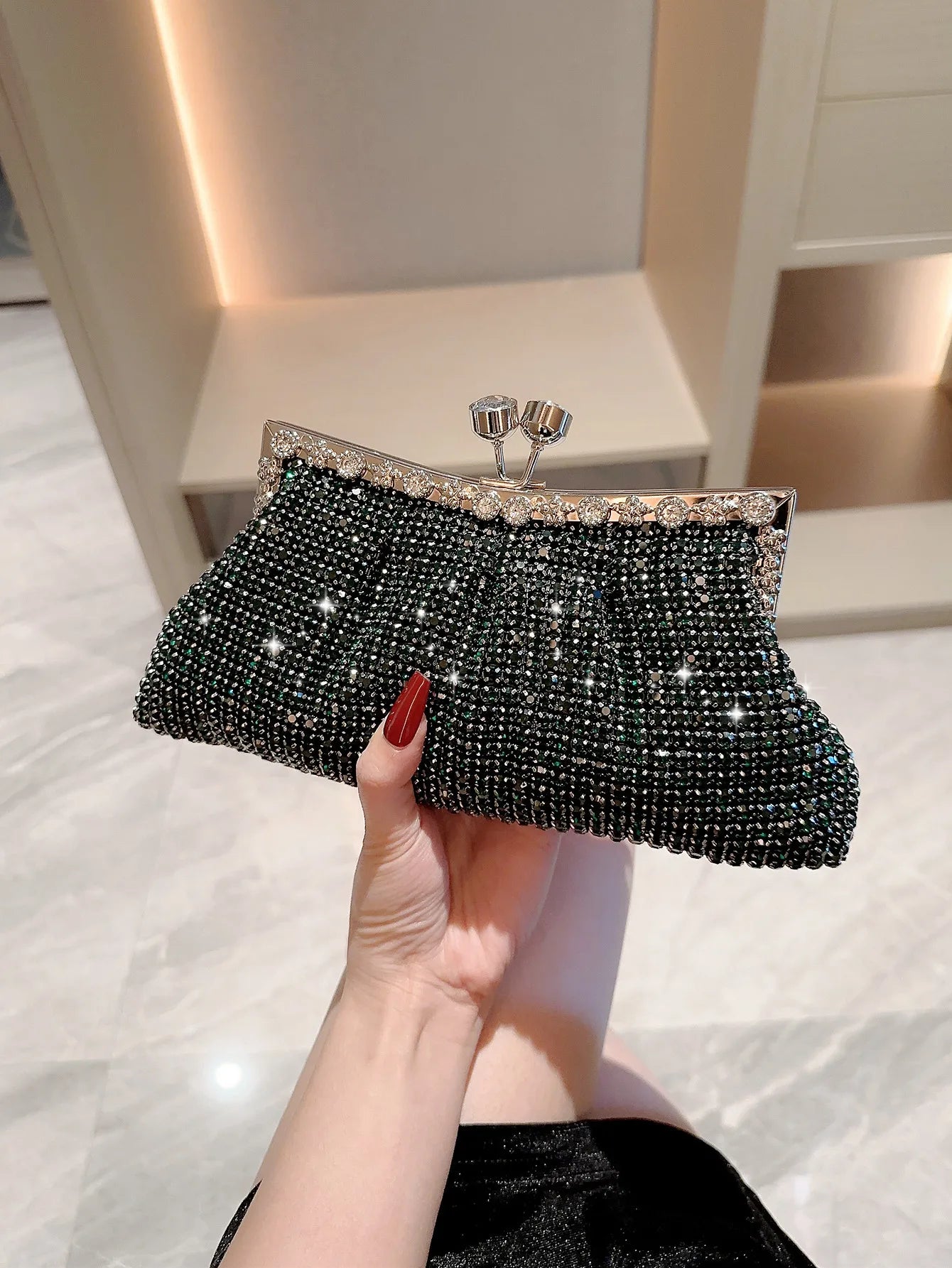 Rhinestone Crystal Clutch Evening Bag — Black | KIMLUD