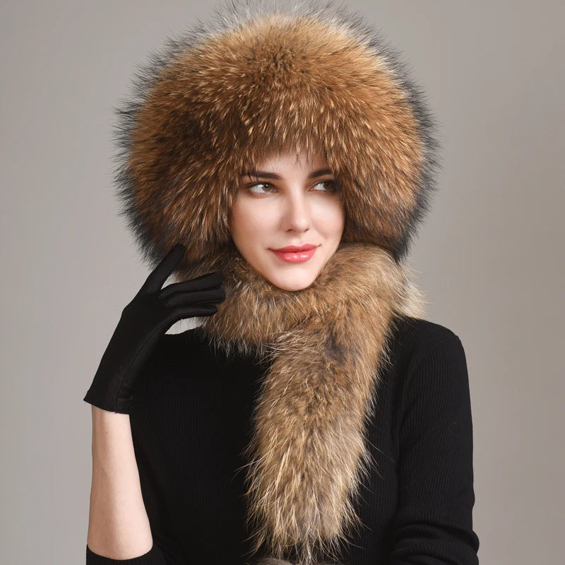 Real Fox Fur Hat With Rabbit Fur Top — Black | KIMLUD