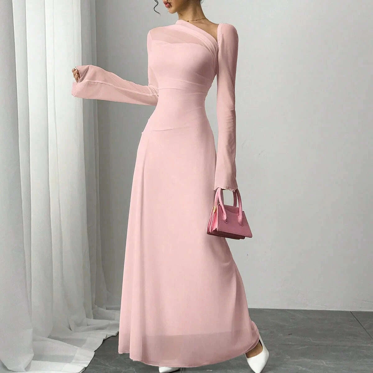 New spring/summer women's pink tulle explosion slim irregular diagonal shoulder ultra long dress