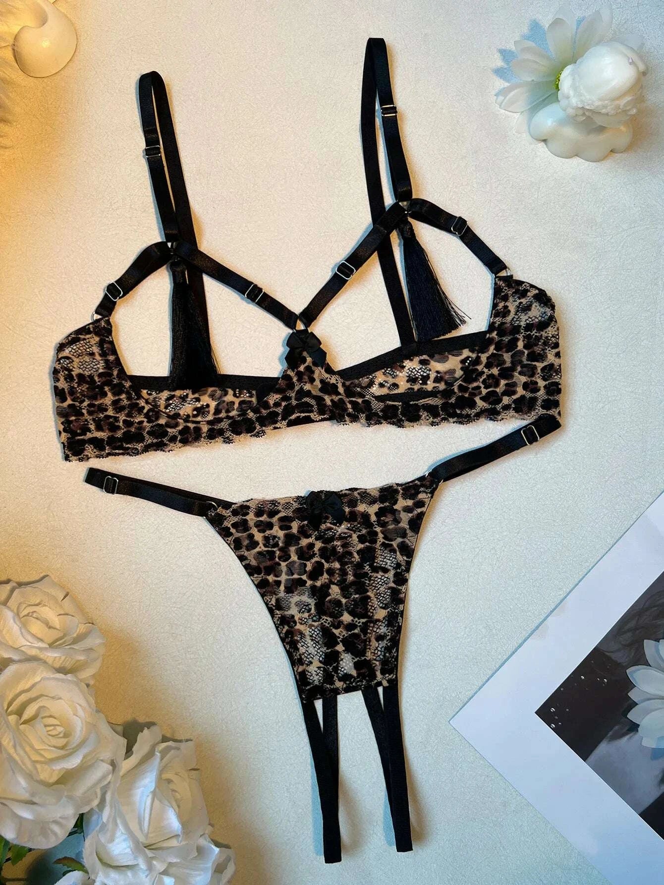 KIMLUD, Ellolace Leopard Lingeries Sexy Hot Tempted Bra Thong 2PC Set Wildness Tassels Decor Intimate Hollow Breast Open Crotch Kit, KIMLUD Womens Clothes