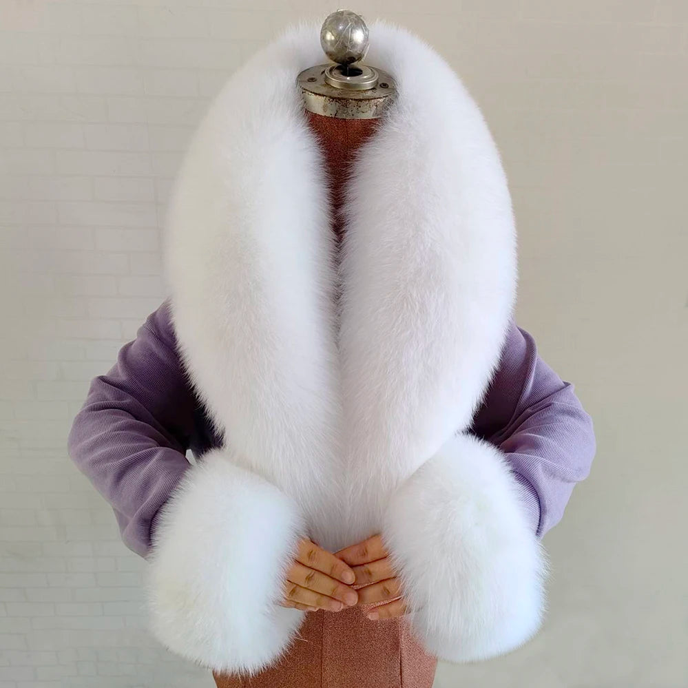 Fox Fur Solid Scarf And Cuff Set For Winter — Green | KIMLUD