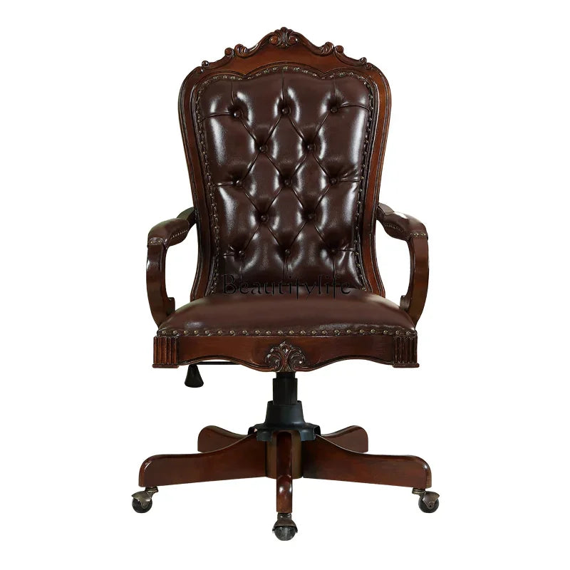 12American Genuine Leather Retro Carved Solid Wood Swivel Chair Office Chair Lift