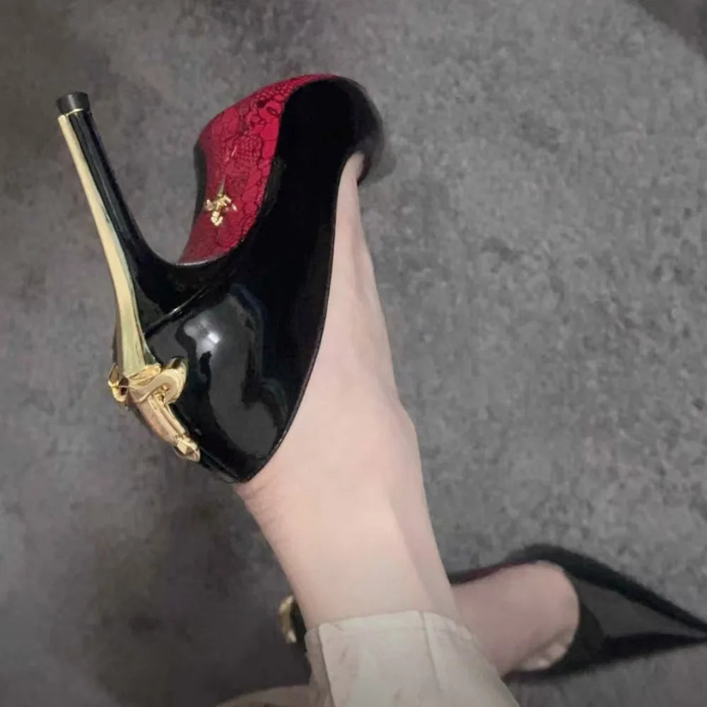 Super Fiber Leather High Heels Power-Sword Snake-Patterned — Red | KIMLUD