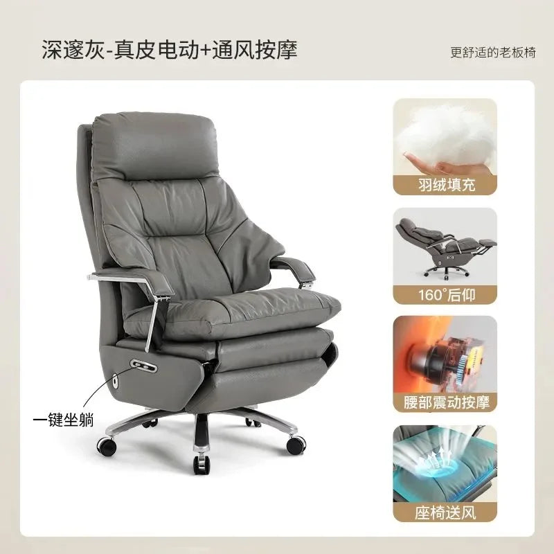 Genuine Leather Massage Chair Swivel Lift Ergonomic Office Chair — Cognac Brown | KIMLUD