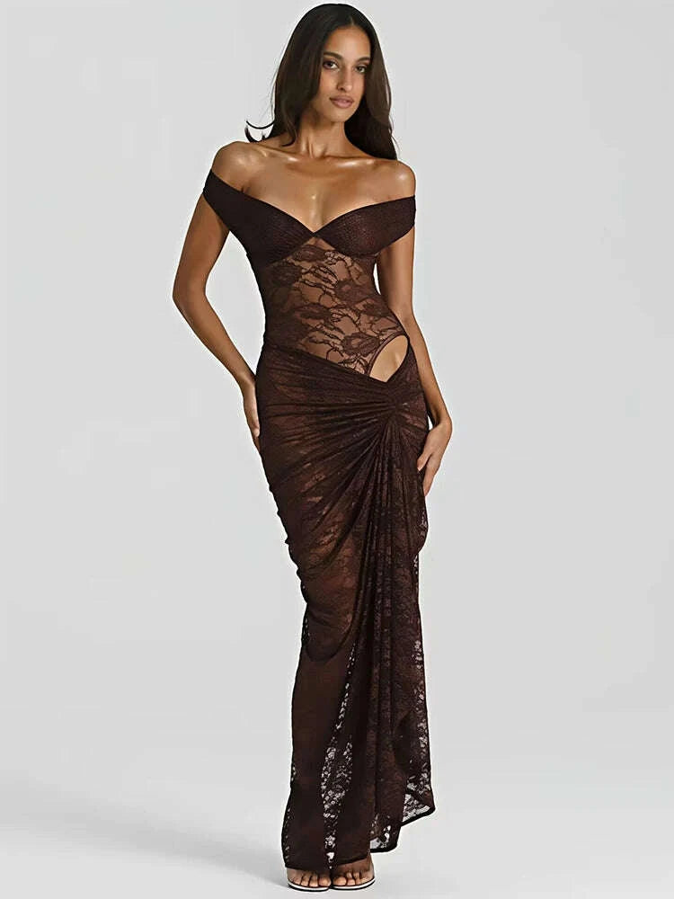 Mozision Lace See Through Sexy Two Piece Set Women Elegant Off-shoulde