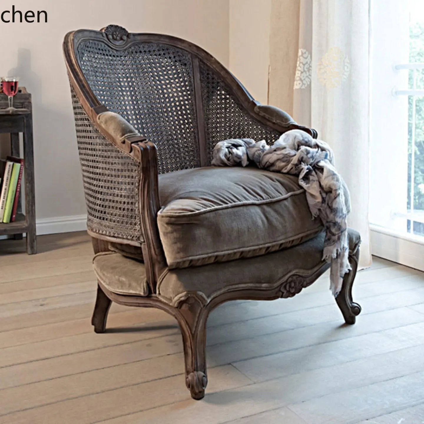 LXC solid wood braided rattan sofa chair retro old living room balcony single studio design sofa
