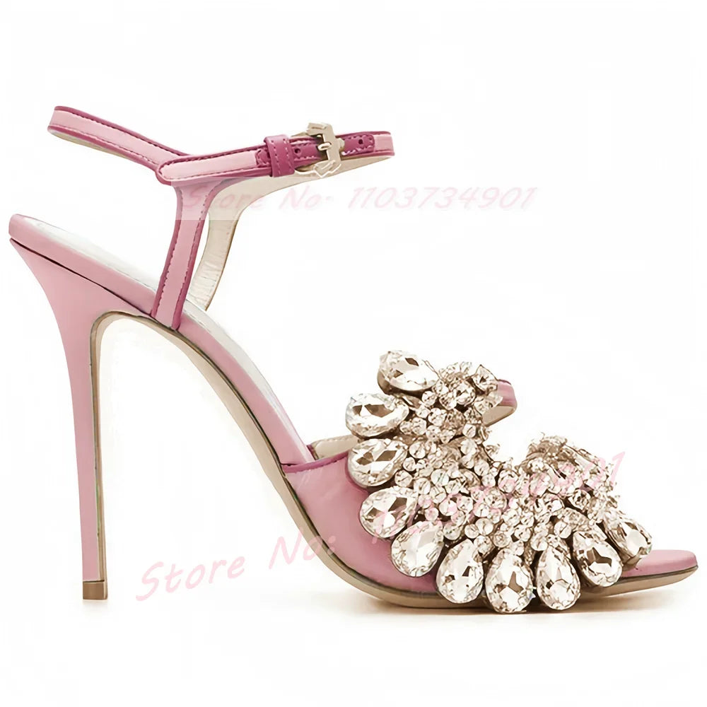 Crystal Flower Open Toe Ankle Strap High Heels — As Picture | KIMLUD