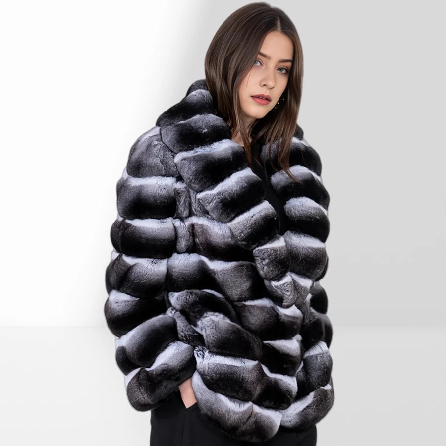 Women's Winter Jacket Real Rex Rabbit Fur Jacket With Hood Chinchilla Color Fur Coat High Quality Genuine Leather Jackets