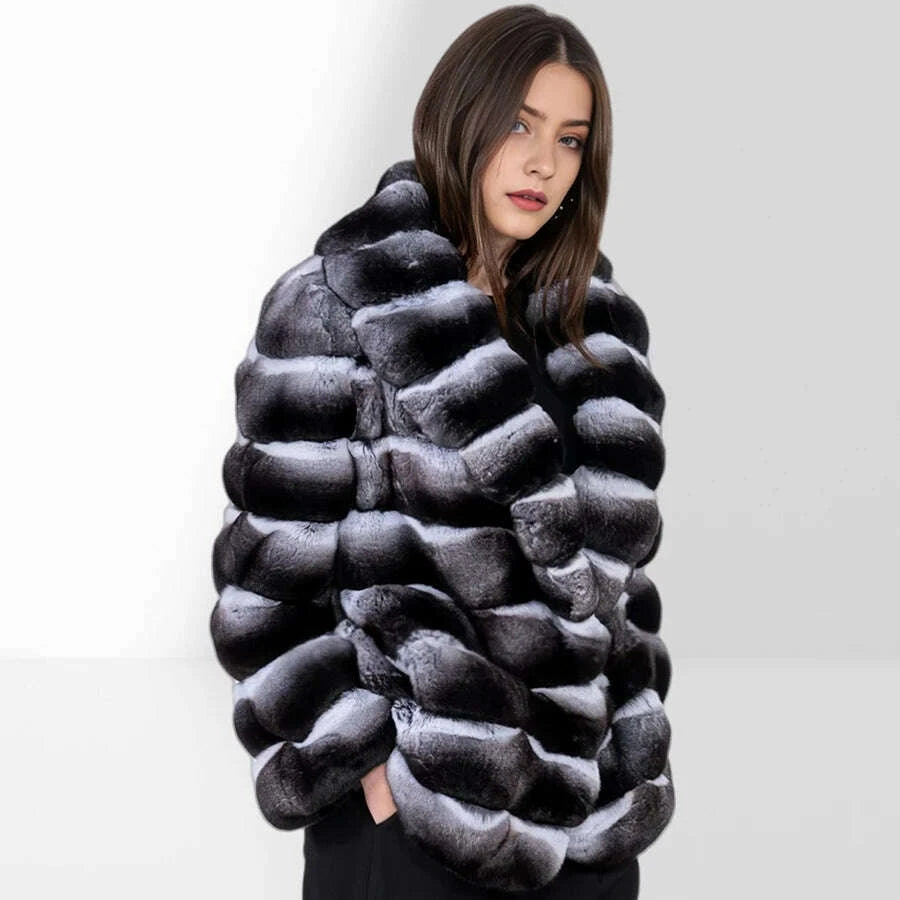 KIMLUD, Women's Winter Jacket Real Rex Rabbit Fur Jacket With Hood Chinchilla Color Fur Coat High Quality Genuine Leather Jackets, KIMLUD Womens Clothes