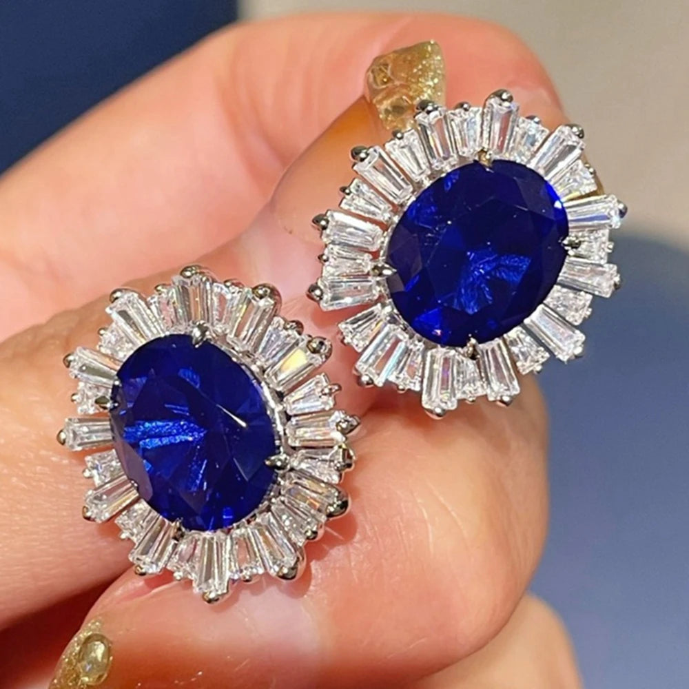 Sterling Silver Stud Earrings Oval Cut Sapphire Diamond — Blue | KIMLUD