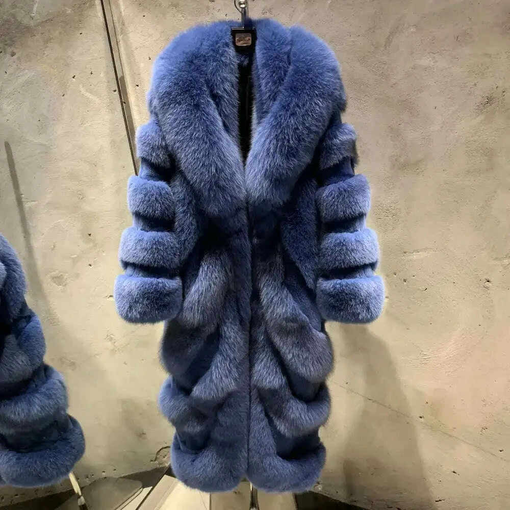 KIMLUD, High End Customization Diagonal Stripe Fur Jacket Extra Long Floor Full Length Luxury Silver Fox Fur Coat with Big Collar, KIMLUD Womens Clothes