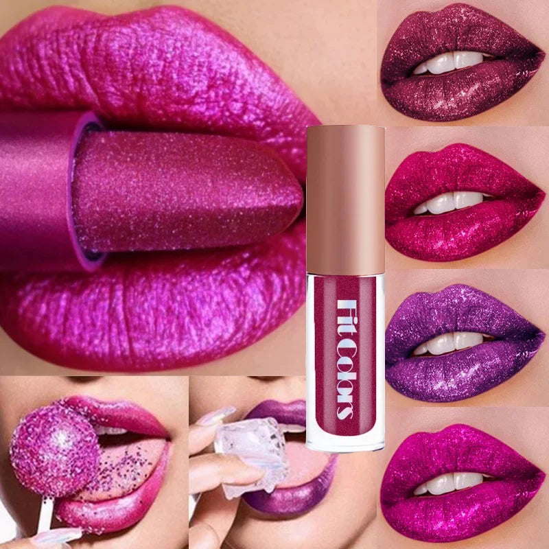 4Pcs/Set Metallic Lip Gloss Pearly Diamond Fine Glitter Matte Moisturizing Waterproof No-stick Cup Lip Glaze Liquid Lipstick Kit