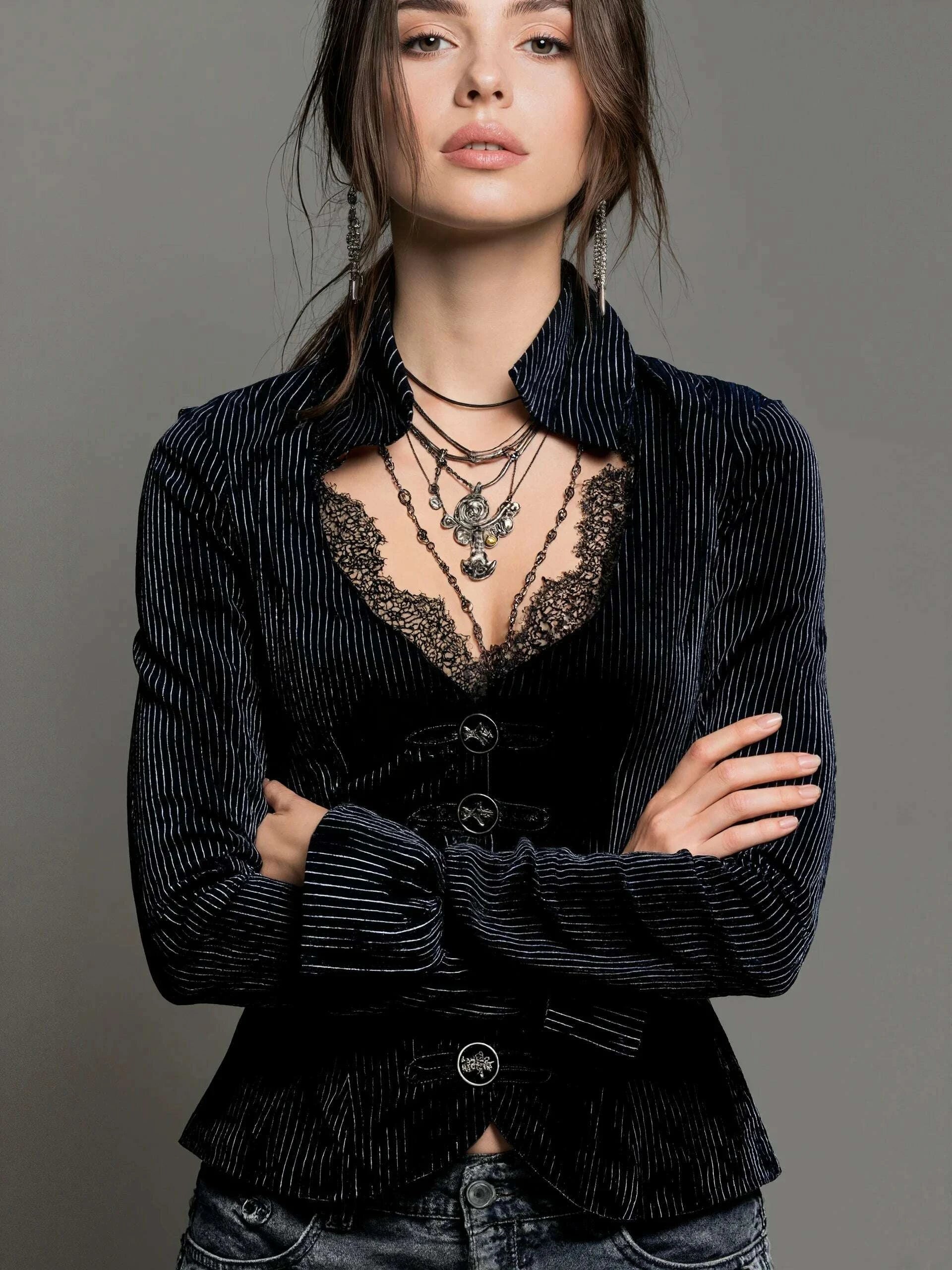 KIMLUD, Women's Gothic Black Striped Blouse Lace Trim V Neck Long Bell Sleeve Button Front Shirt Vintage Punk Party Tops, KIMLUD Womens Clothes