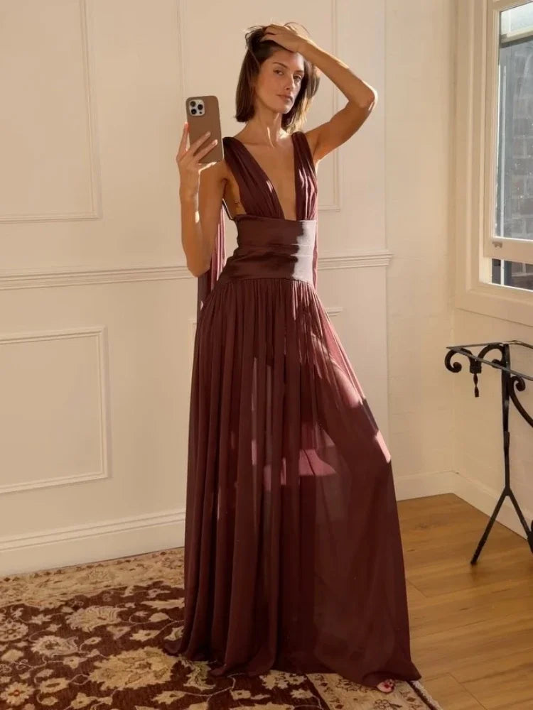 Evening Maxi Dress – Sexy Deep V-Neck Backless – Polyester | KIMLUD