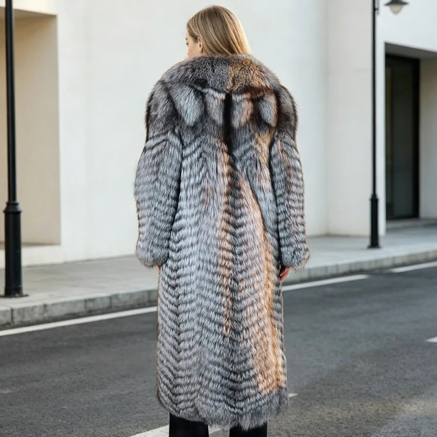 Fox Fur Coat Long Mandarin Collar — Silver | KIMLUD