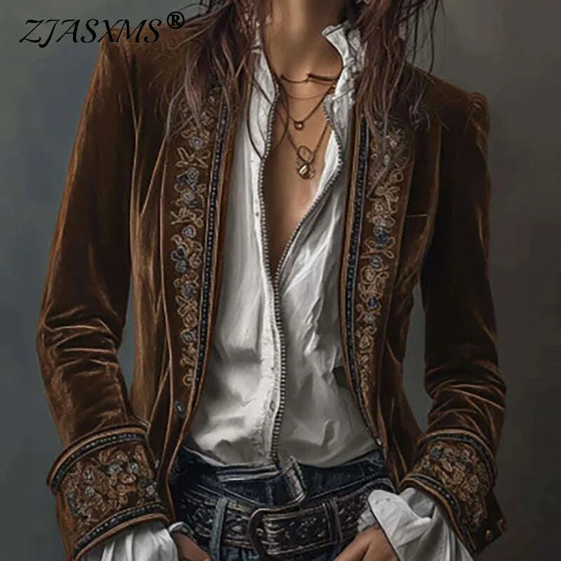 KIMLUD, Ethnic Retro Floral Print Velvet Woman Blazer Jacket Sexy Notched Collar Slim Autumn Outerwear Long Sleeve Winter Cardigans Coat, KIMLUD Womens Clothes