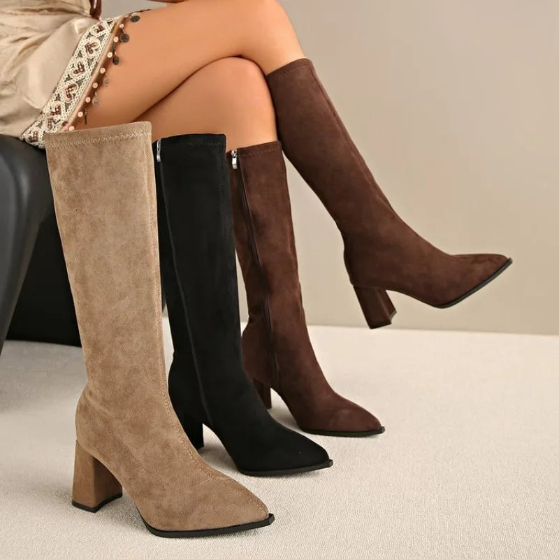Suede Solid Knee-High Block Heel Boots — Brown | KIMLUD