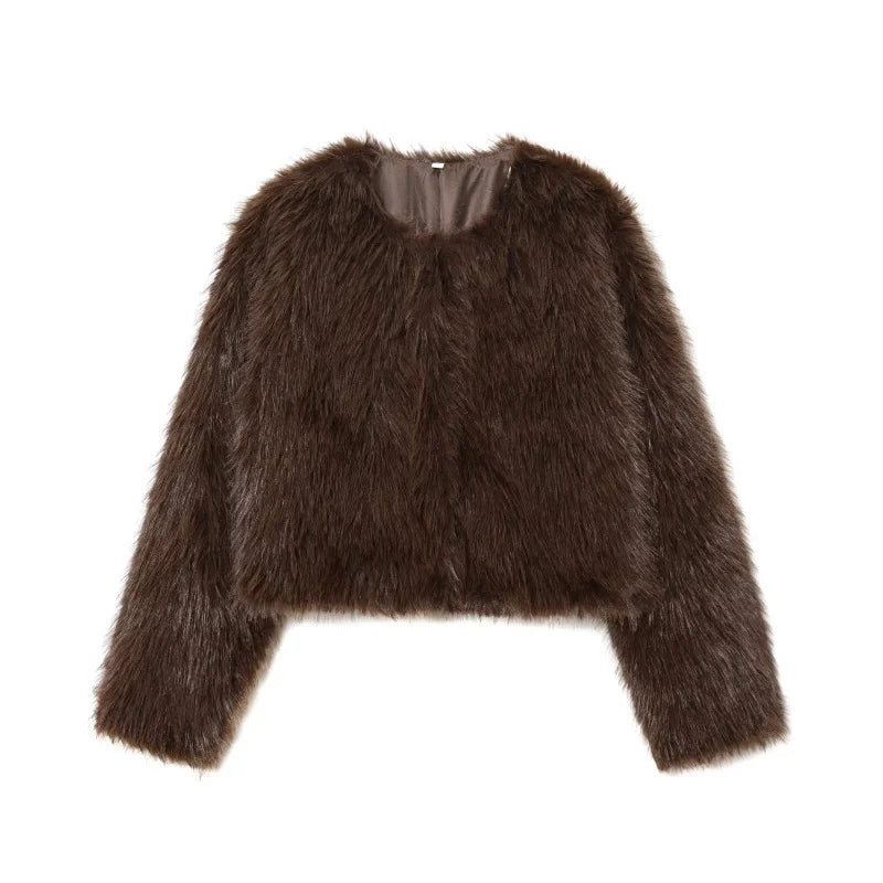 Faux fur jacket 2025 Fall/Winter New Fashion Women's Faux Fur Effect Round Neck Long Sleeve Short Jacket